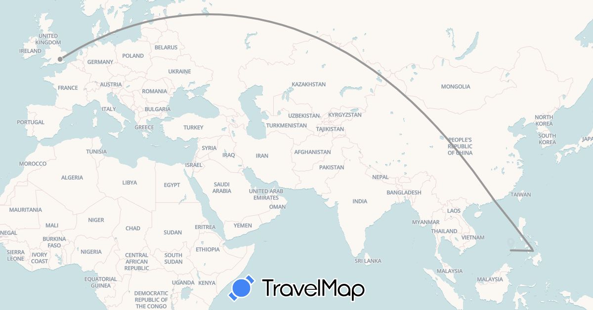 TravelMap itinerary: driving, plane in China, United Kingdom, Philippines (Asia, Europe)